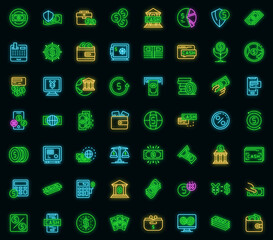 Bank cash icons set. Outline set of bank cash vector icons neon color on black