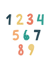 set of hand drawn numbers isolated on white background. Good for nursery prints, cards, posters, stickers, education, etc.