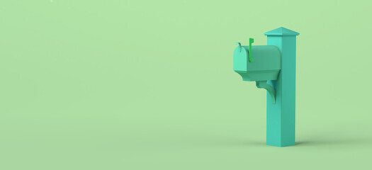 Mailbox for letters on green background. 3D illustration. Copy space. .