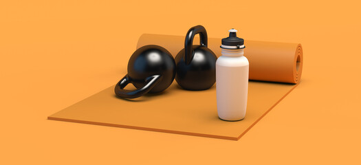 Mat with hand weights and water bottle. Sport concept. 3D illustration. Copy space. Fitness.