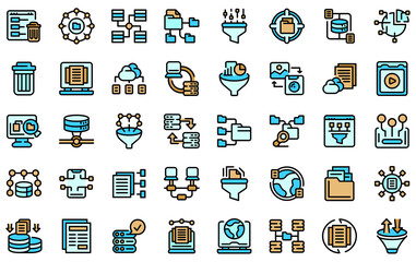 Content filter icons set. Outline set of content filter vector icons thin line color flat isolated on white