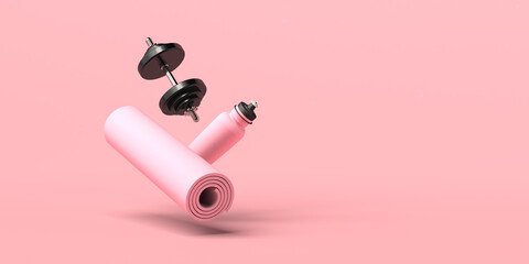 Floating mat, hand weight and water bottle. 3D illustration. Copy space. Fitness.