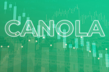 Price change on trading Canola futures on magenta finance background from graphs, charts, columns, pillars, candles, bars, number. Trend up and down. 3D illustration