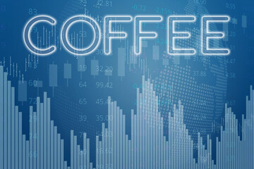 Price change on trading Coffee futures on magenta finance background from graphs, charts, columns, pillars, candles, bars, number. Trend up and down. 3D illustration