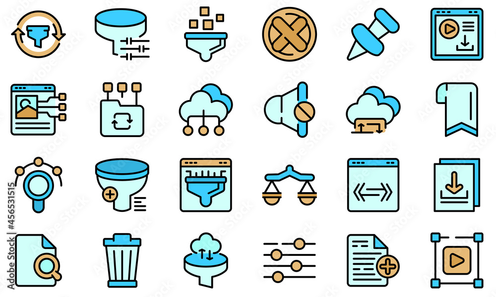Poster filter search icons set. outline set of filter search vector icons thin line color flat isolated on 