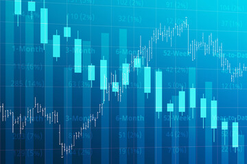 Financial background of stock and derivatives market, graphs, charts, columns, bars, candles in blue color. Trend up and down. 3D illustration