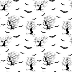 Spooky trees seamless pattern isolated vector illustration. Black silhouettes of plants and bats on a white background. Halloween endless repeated print.