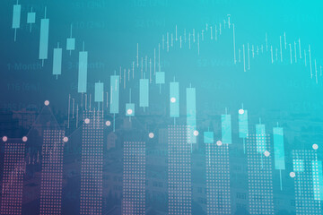 Obraz premium Financial background of stock and derivatives market, graphs, charts, columns, lines, numbers in blue and pink colors. Trend up and down. 3D illustration