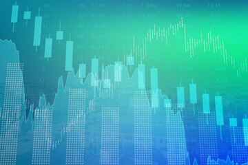 Financial background of stock and derivatives market, graphs, charts, columns, bars, candles, city in blue and green colors. Trend up and down. 3D illustration