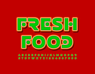 Vector quality badge Fresh Food with bright Font. Creative Green and Red Alphabet Letters and Numbers