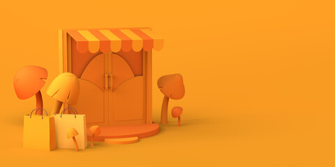 Autumn shopping concept with bags and mushrooms. 3D illustration. Copy space.