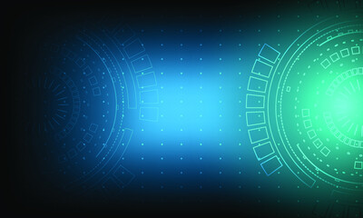 Blue board interface with redial line processor. Circle background technology and mother board innovation engineering graphic. Particle wallpaper and blank space for design.