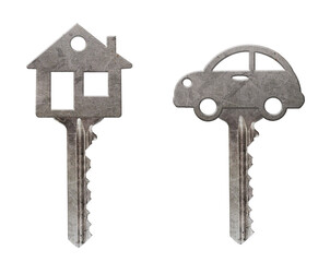 There are a house key and a car key. White background. Isolated.