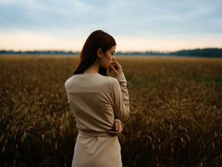 woman in dress nature freedom walk agriculture