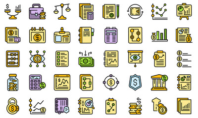 Financial planning icons set. Outline set of financial planning vector icons thin line color flat isolated on white