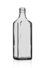 Glass bottle. Empty clear gray glass bottle isolated on white background. Square bottle.