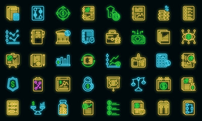 Financial planning icons set. Outline set of financial planning vector icons neon color on black