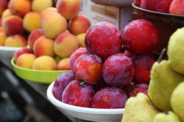 Plums, peaches and nectarine on the local farm market, eco juicy fruits. Shopping organic products. Healthy grocery. Summer autumn season market