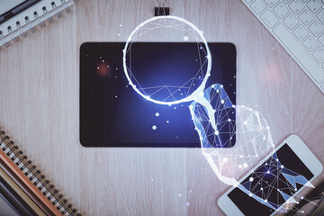 Multi exposure of creative drawing over table with phone. Top view. Concept of startup.