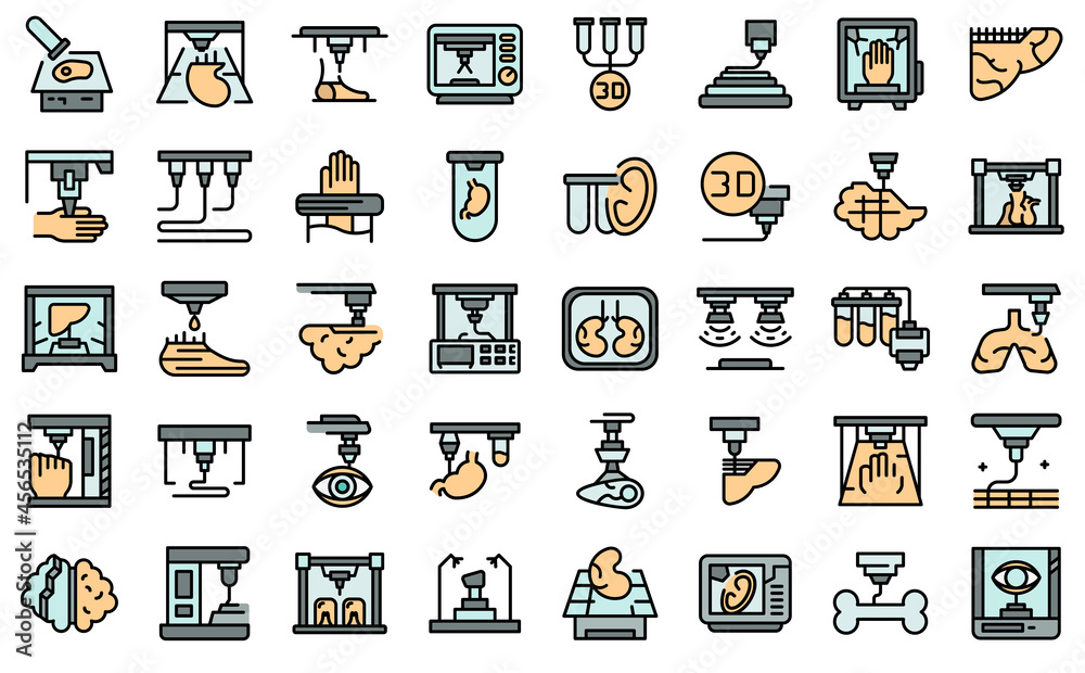 Poster bioprinting icons set. outline set of bioprinting vector icons thin line color flat isolated on whit