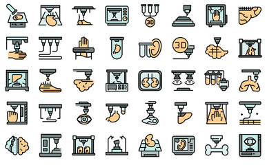 Bioprinting icons set. Outline set of bioprinting vector icons thin line color flat isolated on white