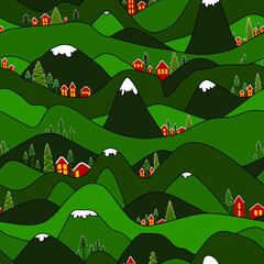 Seamless vector pattern with trees, mountains and houses for happy new year and merry christmas - 456535120