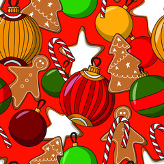 seamless red vector pattern for merry christmas and happy new year with ginger cookies and Christmas balls - 456535152