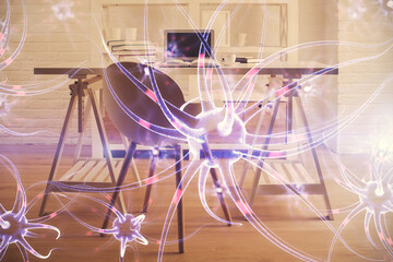 Double exposure of neuron drawing and office interior background. Concept of education.