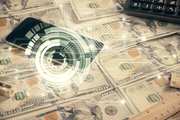 Double exposure of data theme drawing over us dollars bill background. Technology concept.