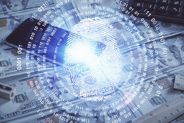 Double exposure of finger print scan drawing over usa dollars bill background. Concept of security of safe access.
