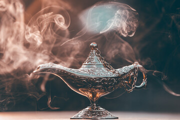Aladdin lamp of wishes in magic smoke