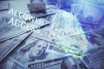 Double exposure of finger print scan drawing over usa dollars bill background. Concept of security of safe access.