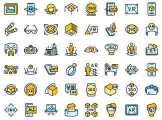 Augmented reality icons set. Outline set of augmented reality vector icons thin line color flat isolated on white