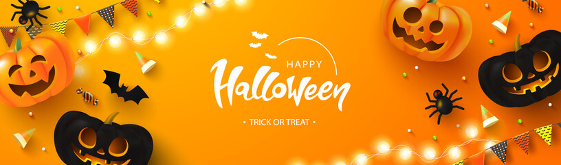 Happy Halloween background with glowing pumpkins, candy, bat, flags and spiders.Flyer or invitation template for Halloween party. Vector illustration.