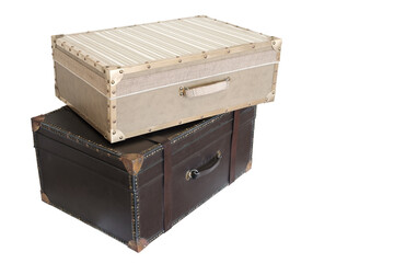 Old vintage leather suitcases, isolated on white background