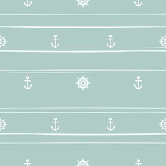Fototapeta na wymiar Nautical seamless striped pattern with white helms and anchors on powder blue.