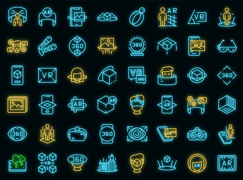 Augmented reality icons set. Outline set of augmented reality vector icons neon color on black