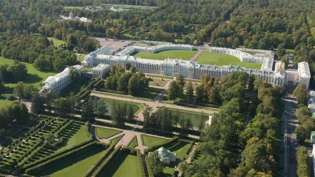 Aerial view of Catherine palace and Catherine park in St. Petersburg