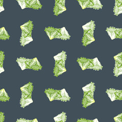 Seamless pattern Batavia salad on gray background. Modern ornament with lettuce.