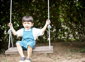 little boy having fun on a swing in the garden
