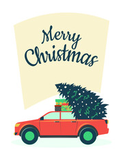 Merry Christmas postcard. Red fashionable car with gifts in boxes and an elegant Christmas tree in the back. Vector.