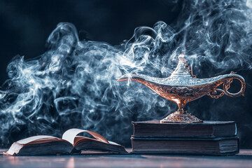 Aladdin lamp of wishes in magic smoke