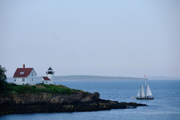 Fototapeta na wymiar The very picturesque Curtis Island Lighthouse on the rocky shores at the entrance to Camden Harbor in Maine