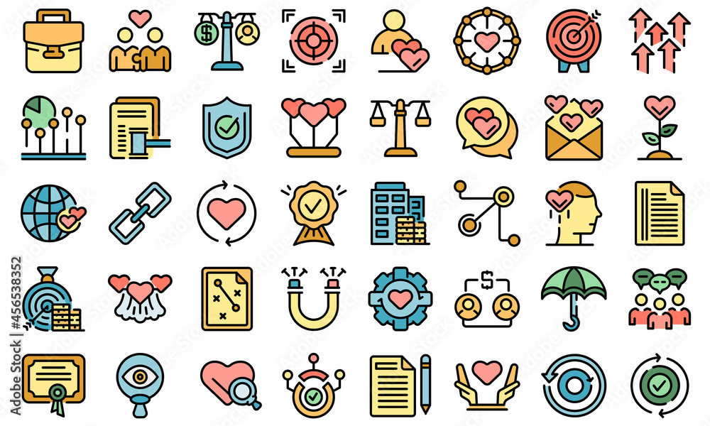 Poster trust relationship icons set. outline set of trust relationship vector icons thin line color flat is - Posters