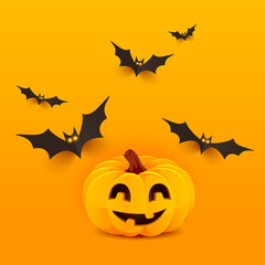 Halloween background. Horror Halloween poster with smiling pumpkin and bats. Party invitation, card or banner on orange background