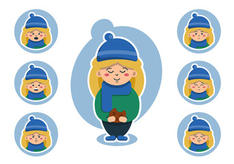 Standing cute girl with cookie, which is dressed in warm clothes, blue scarf and hat, and stickers with different emotions