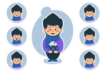 Standing cute boy with coffee, which is dressed in warm clothes, blue scarf and stickers with different emotions