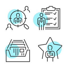 Set related to headhunting line icons. Contains such icons as index card, candidate, target. Editable stroke.