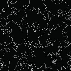 Hand drawn seamless Halloween pattern.The contours of the ghosts b on a black background. Vector illustration.