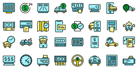 Taximeter icons set. Outline set of taximeter vector icons thin line color flat isolated on white